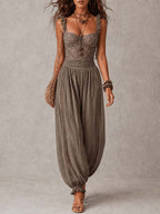 Nieves • Completo composto da un top a fascia in pizzo grigio e pantaloni harem in cotone plissettati