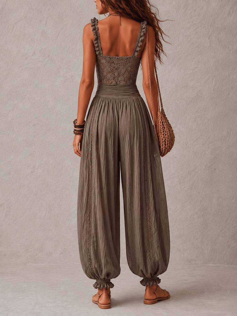 Nieves • Completo composto da un top a fascia in pizzo grigio e pantaloni harem in cotone plissettati