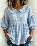 Camicetta da donna con motivo a quadretti Vichy, maniche a sbuffo e peplum