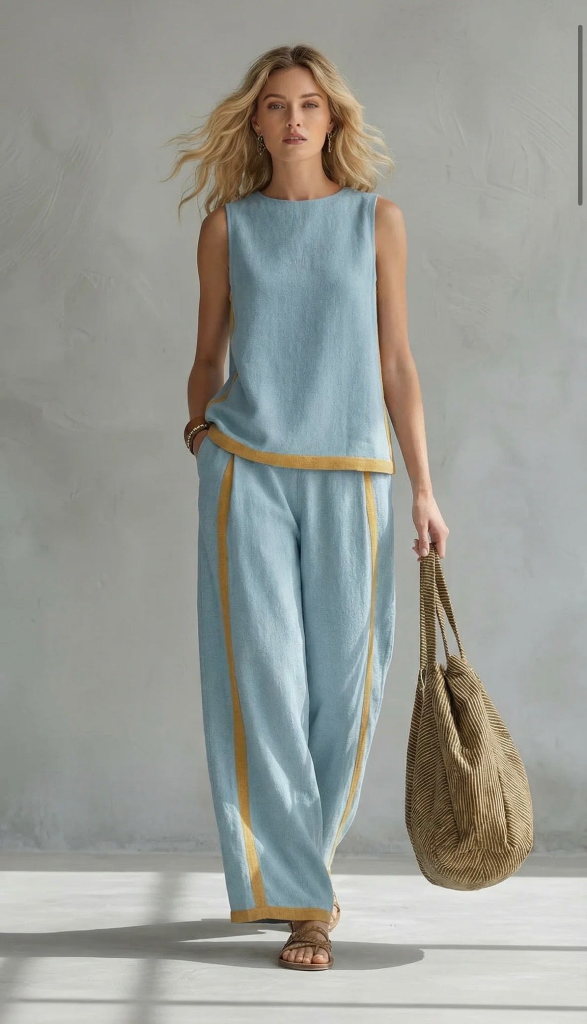 Leila - Elegante y casual conjunto de chaleco y pantalón de algodón y lino gris con ribete bicolor.