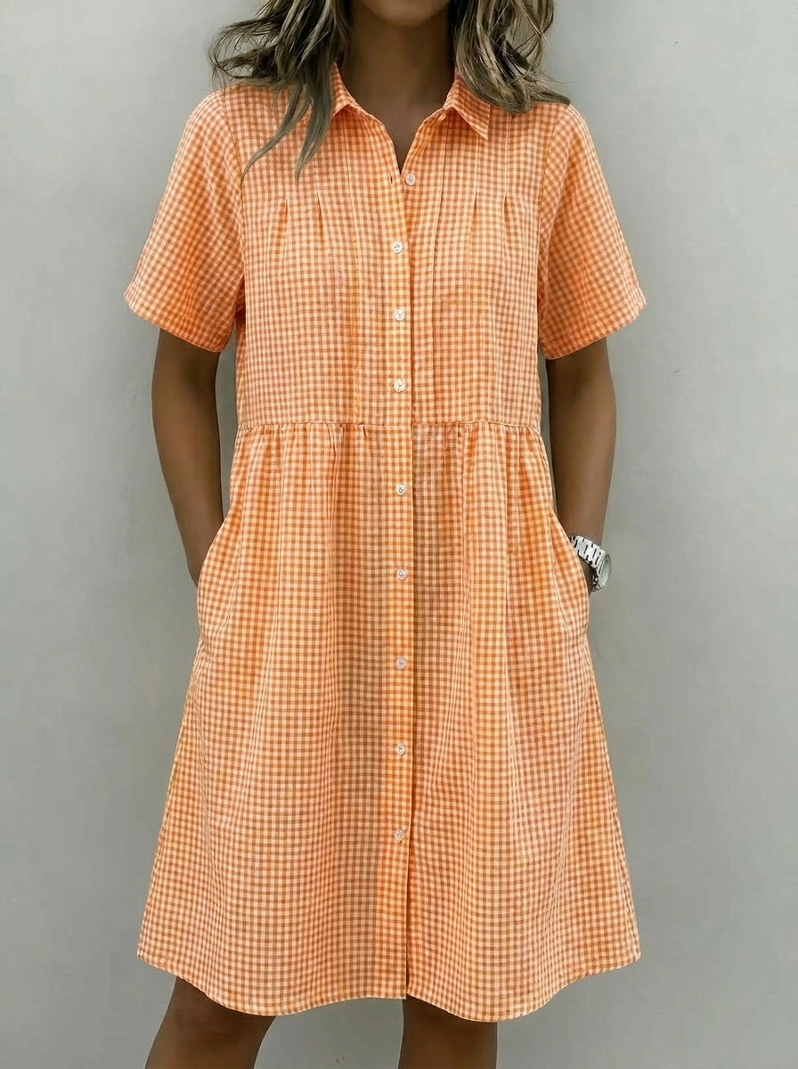 Abito-camicia da donna in cotone e lino a quadri