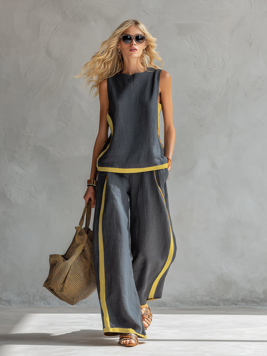 Leila - Elegante y casual conjunto de chaleco y pantalón de algodón y lino gris con ribete bicolor.