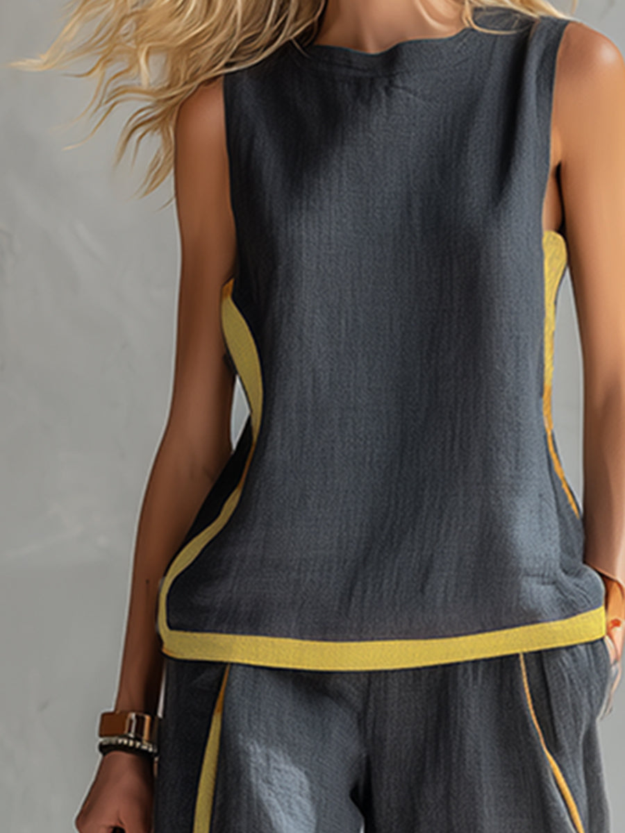 Leila - Elegante y casual conjunto de chaleco y pantalón de algodón y lino gris con ribete bicolor.