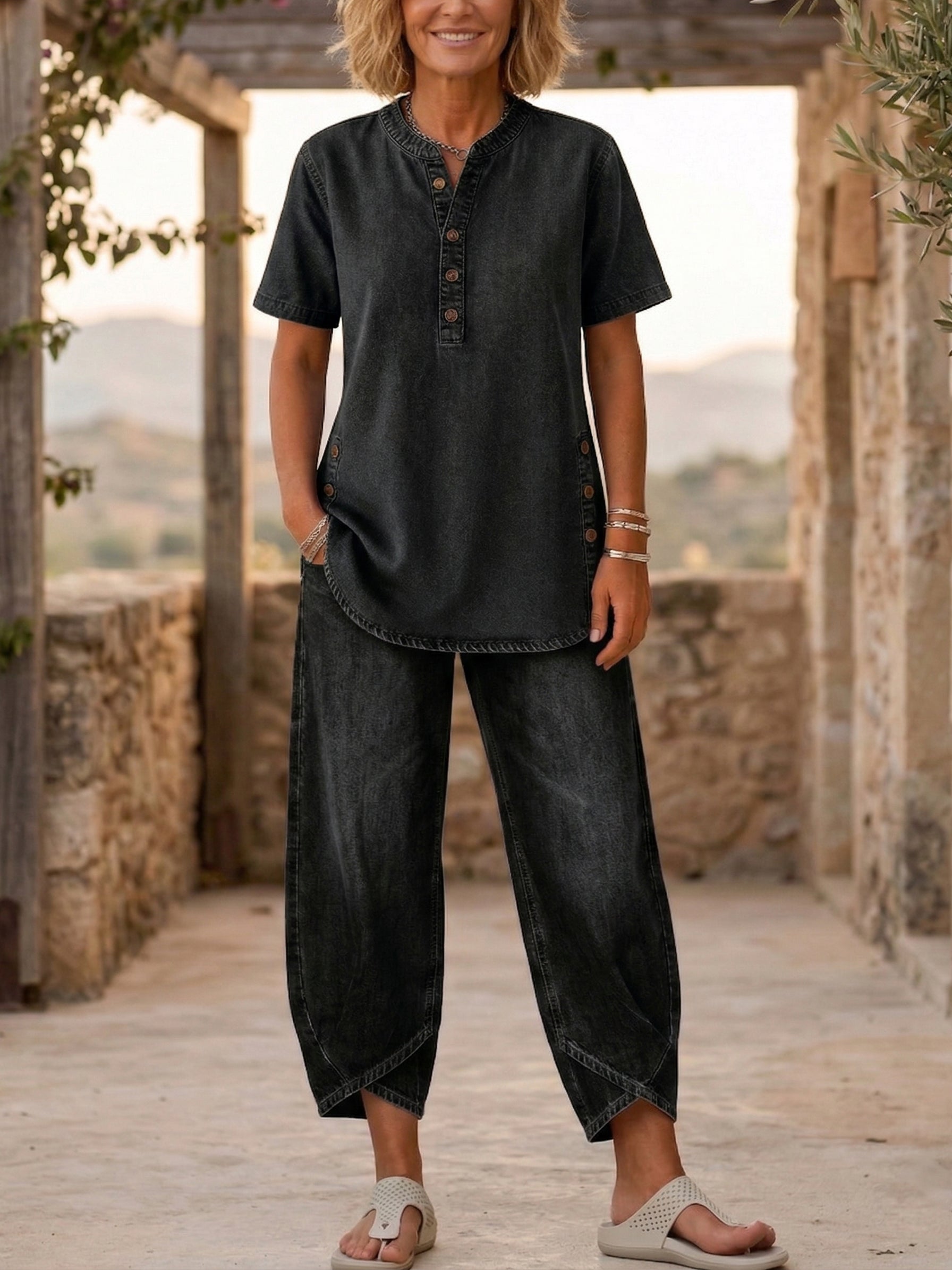 Set di due pezzi da donna in denim con maniche corte