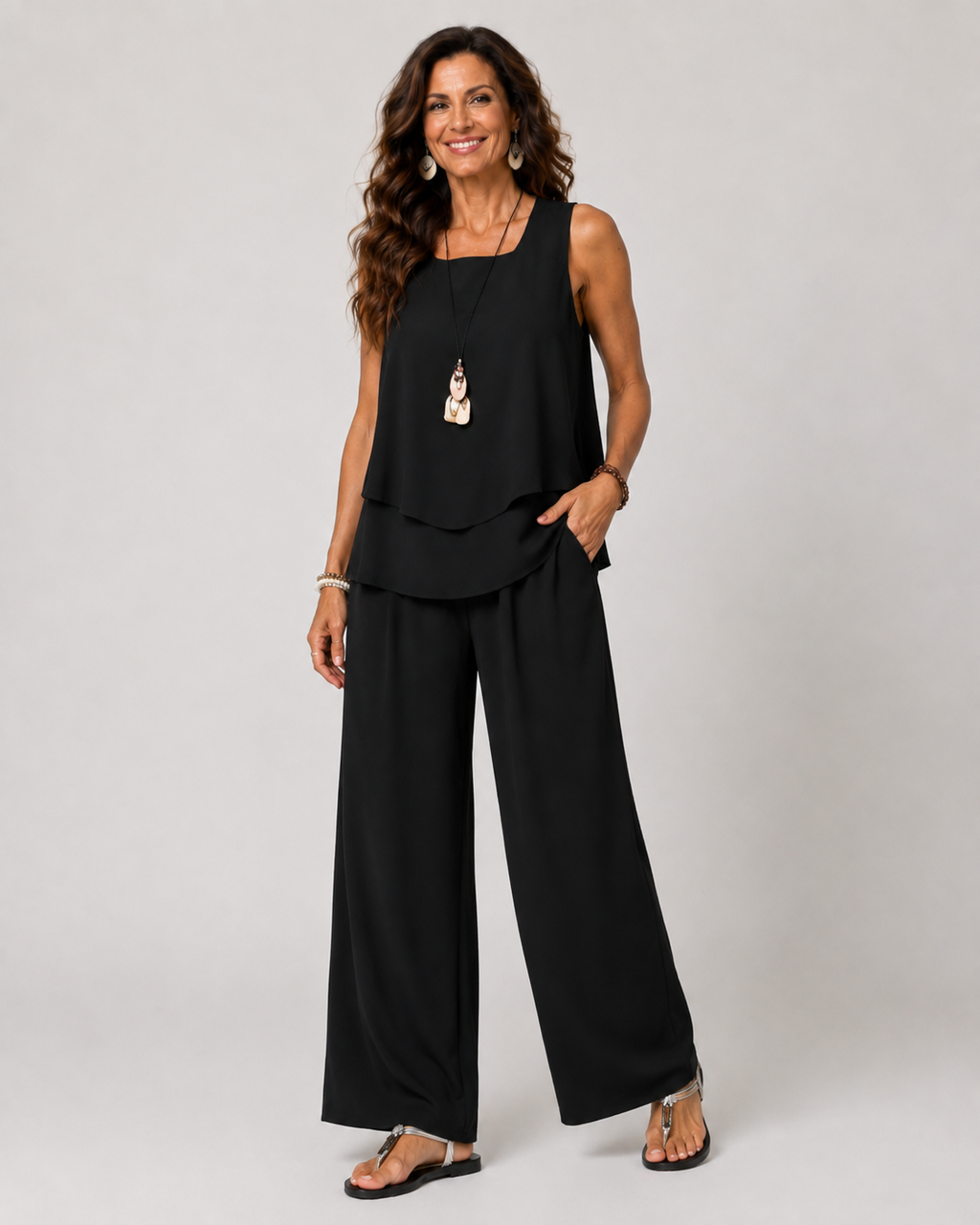 Eloísa™ | Completo nero con top a strati e pantaloni larghi