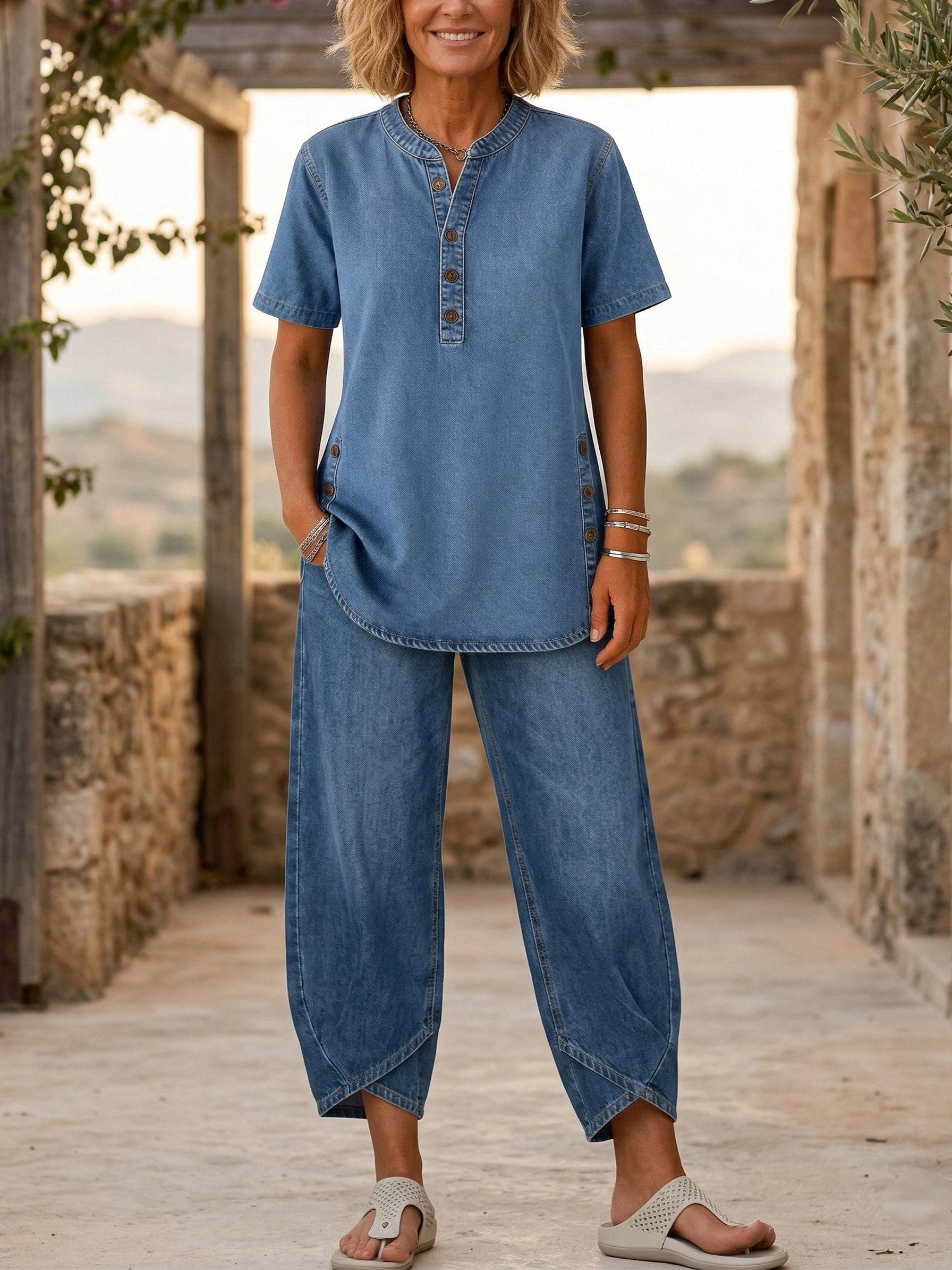 Set di due pezzi da donna in denim con maniche corte