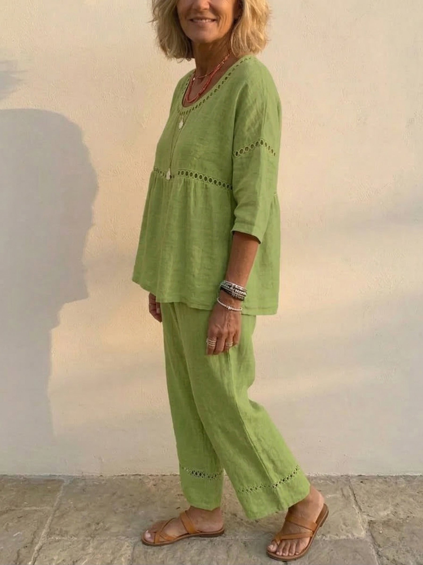 Set da donna vintage casual in lino a vestibilità ampia, composto da due pezzi