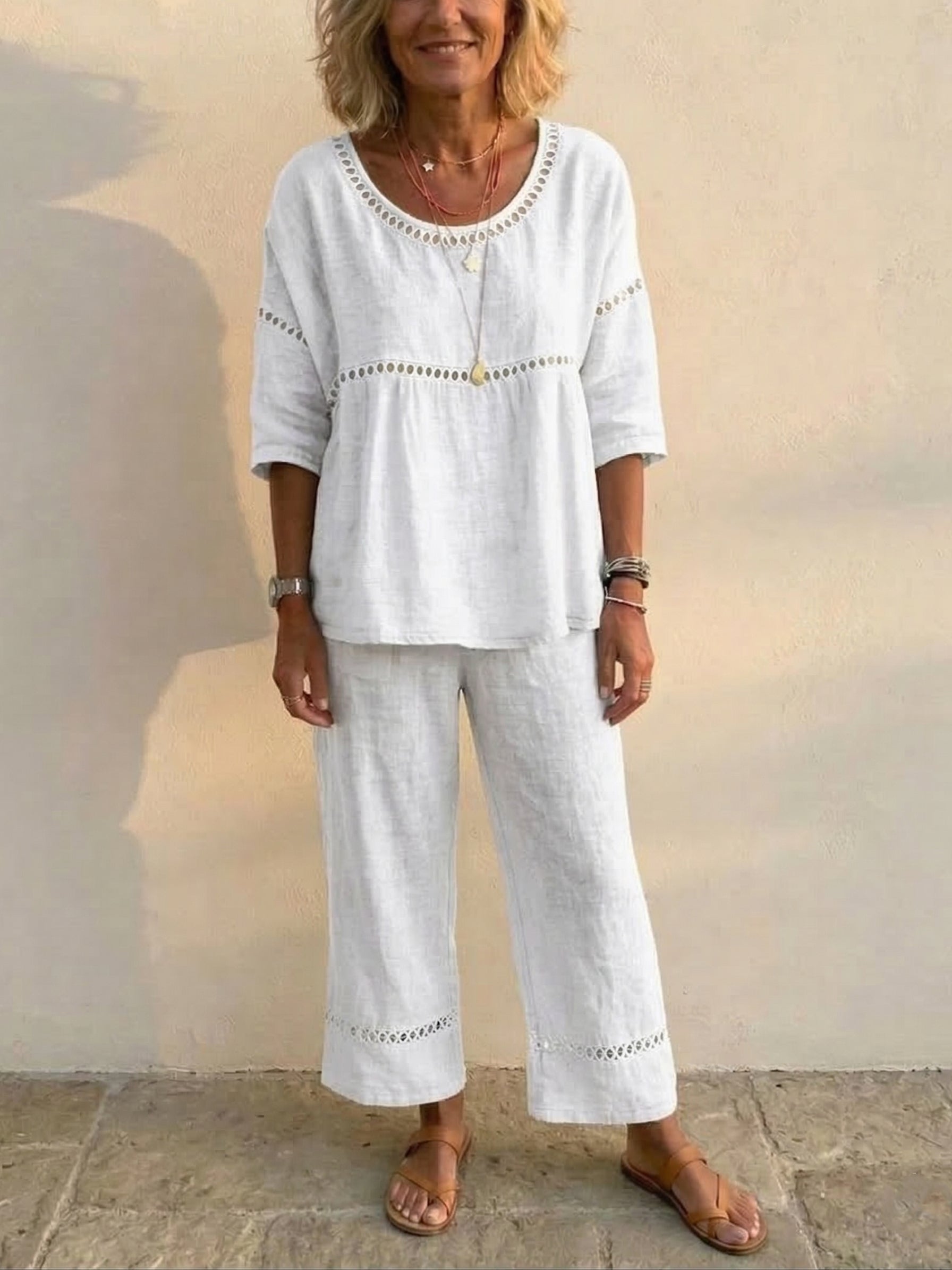 Set da donna vintage casual in lino a vestibilità ampia, composto da due pezzi
