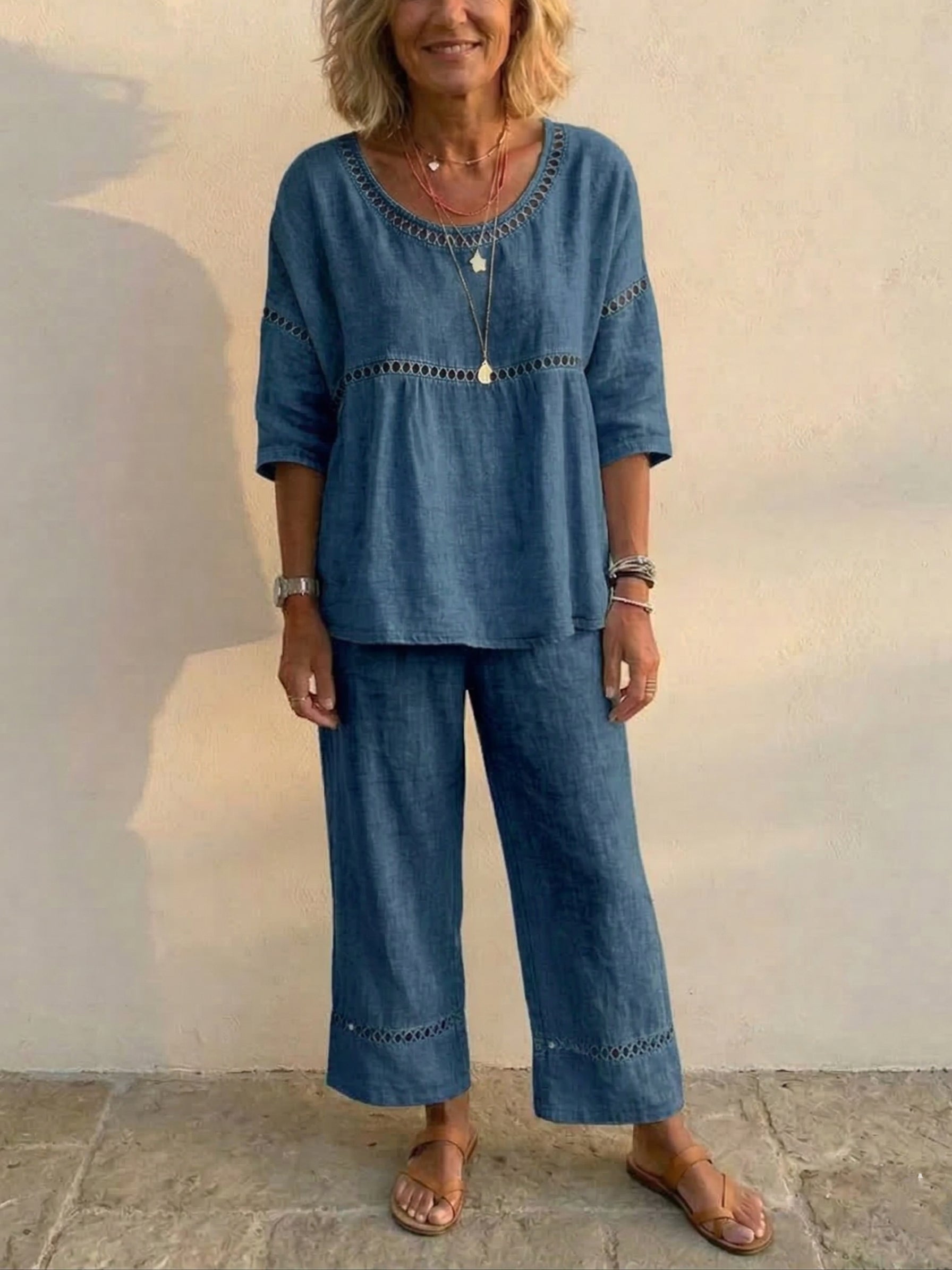Set da donna vintage casual in lino a vestibilità ampia, composto da due pezzi