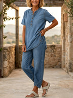 Set di due pezzi da donna in denim con maniche corte