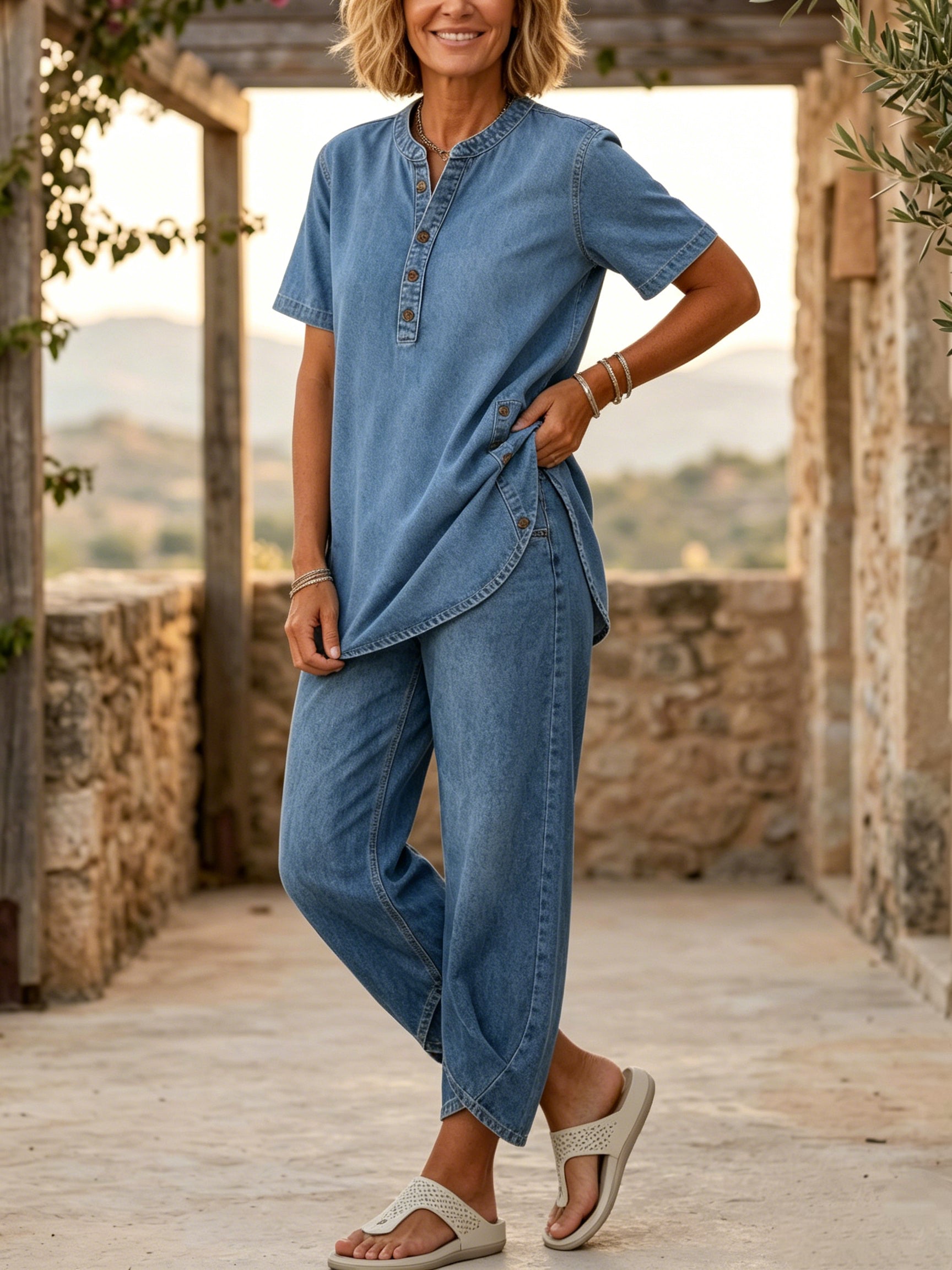 Set di due pezzi da donna in denim con maniche corte