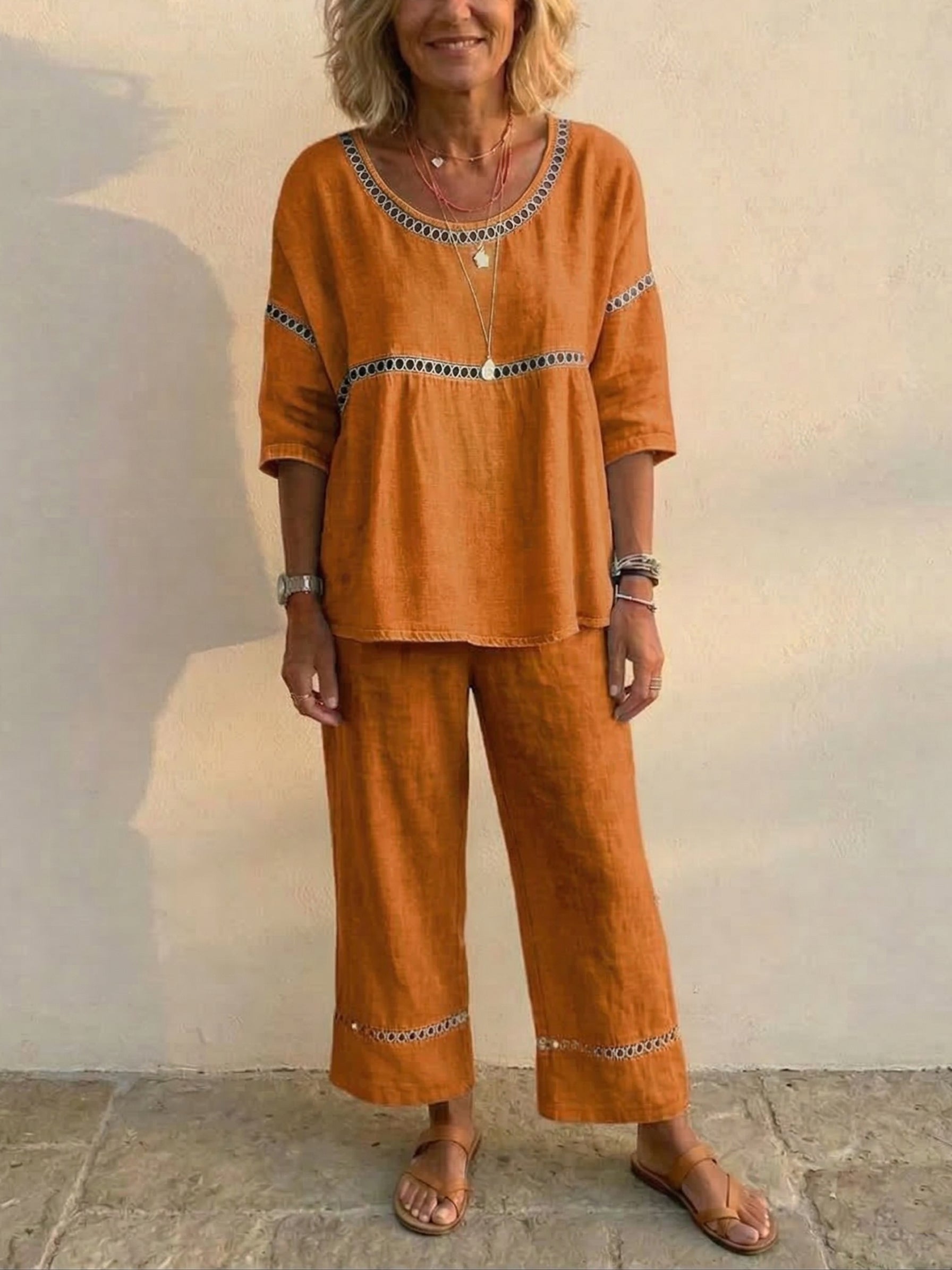 Set da donna vintage casual in lino a vestibilità ampia, composto da due pezzi