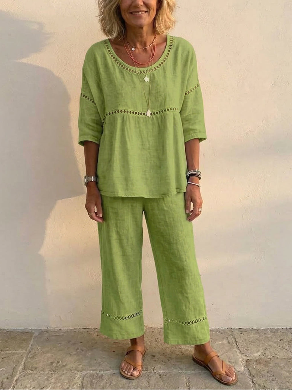 Set da donna vintage casual in lino a vestibilità ampia, composto da due pezzi
