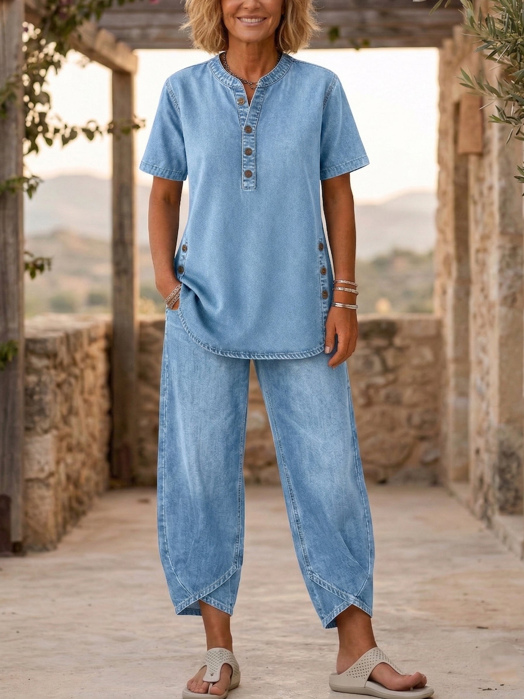 Set di due pezzi da donna in denim con maniche corte