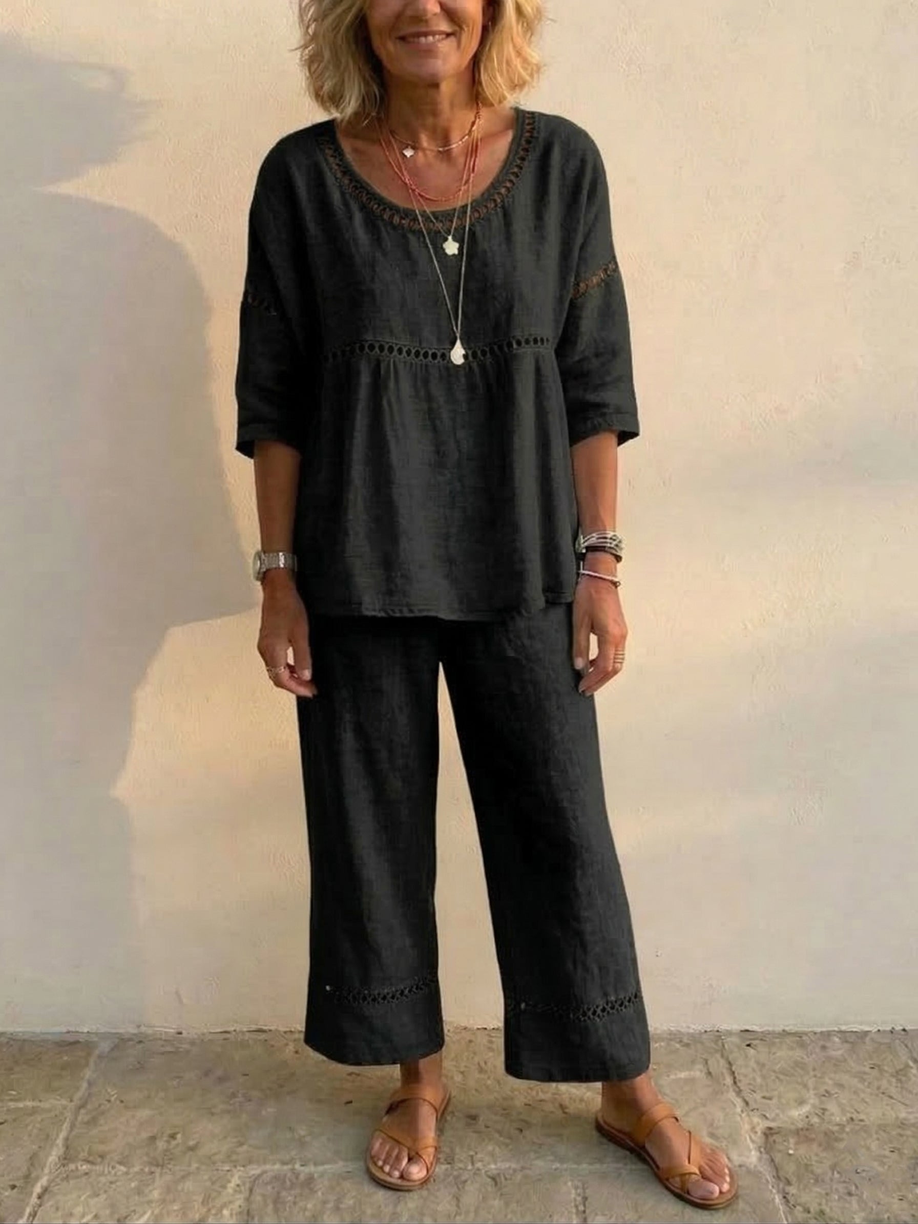 Set da donna vintage casual in lino a vestibilità ampia, composto da due pezzi