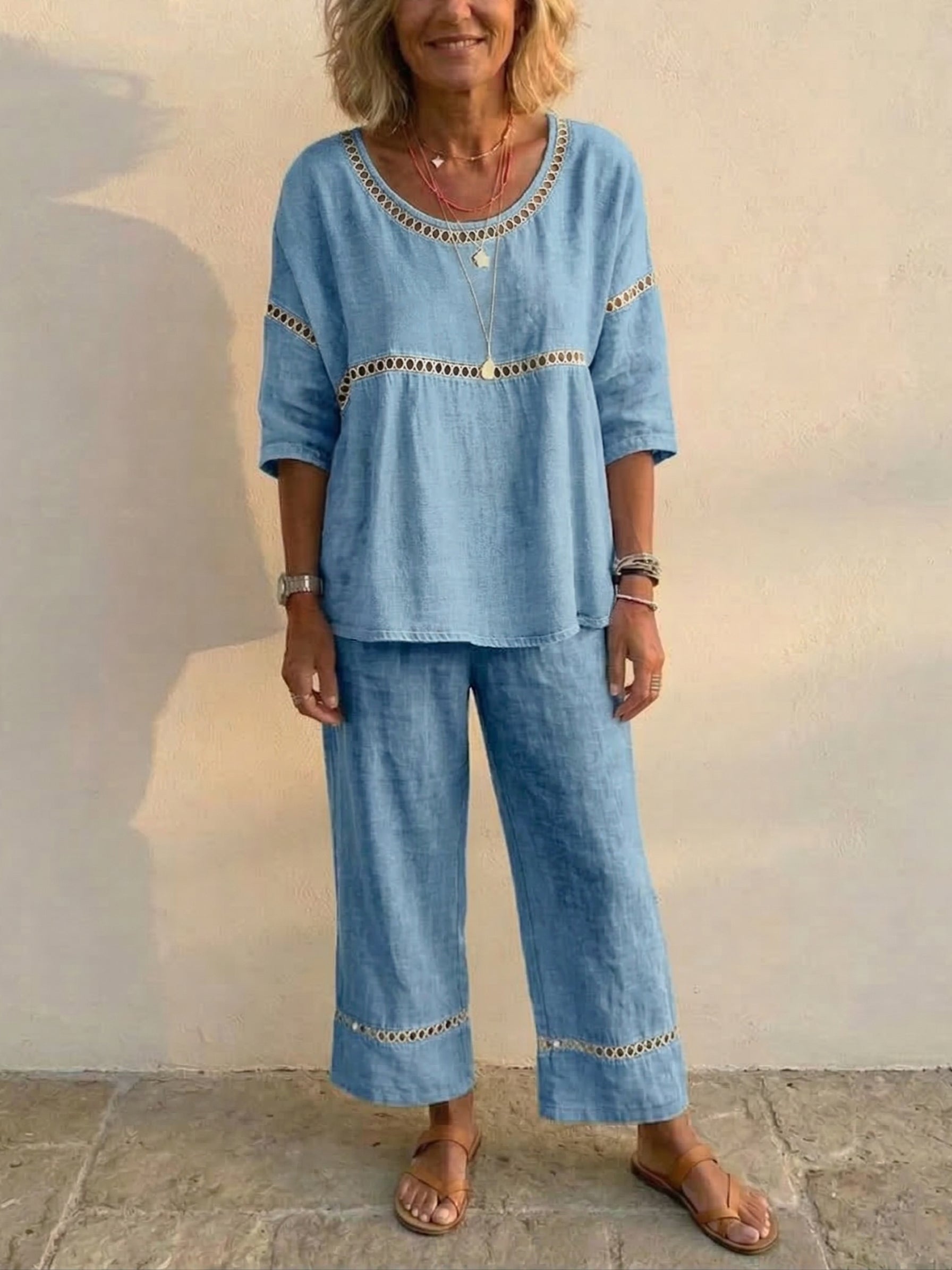 Set da donna vintage casual in lino a vestibilità ampia, composto da due pezzi