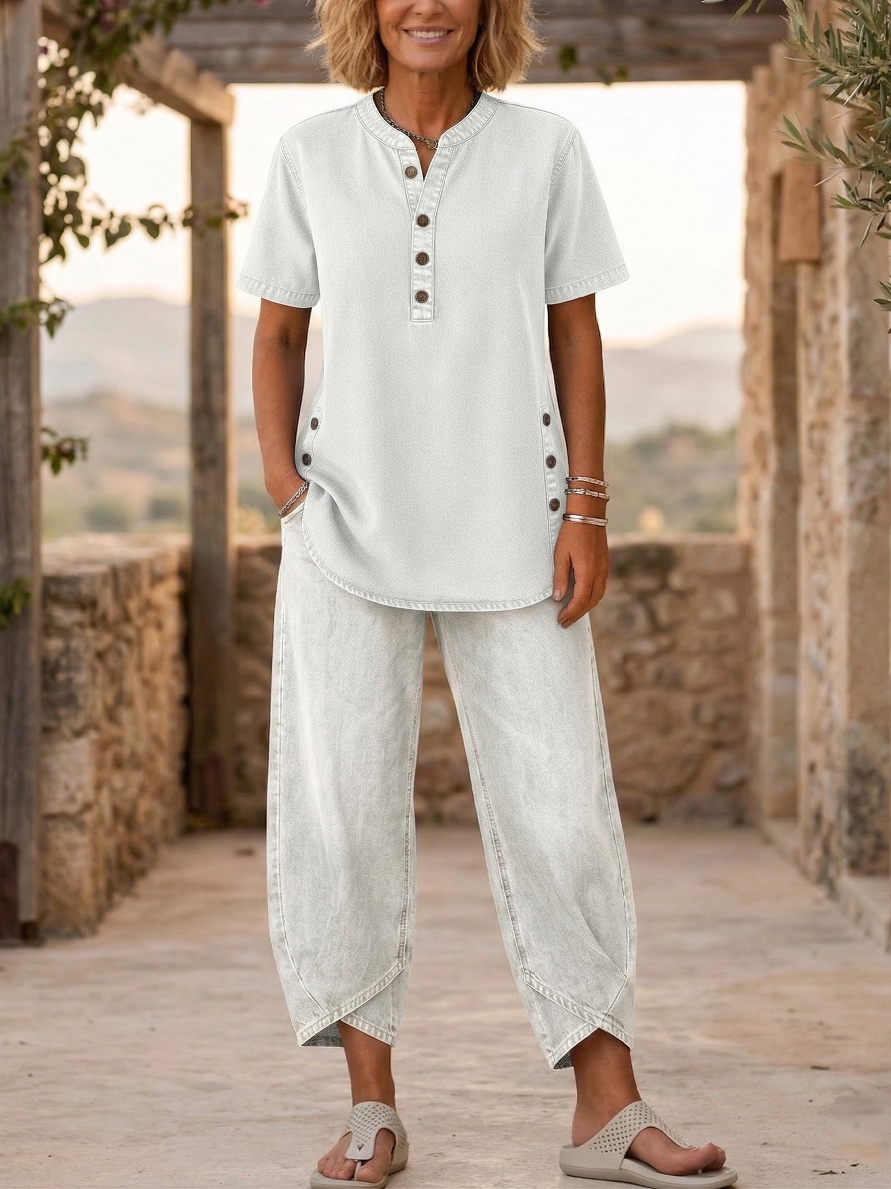 Set di due pezzi da donna in denim con maniche corte