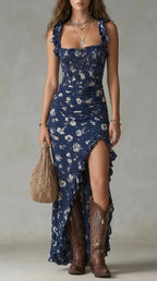 Vestido largo con estampado bohemio y mangas con volantes