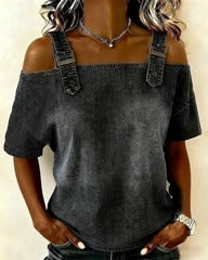 Blusa de denim con hombros al aire y tirantes