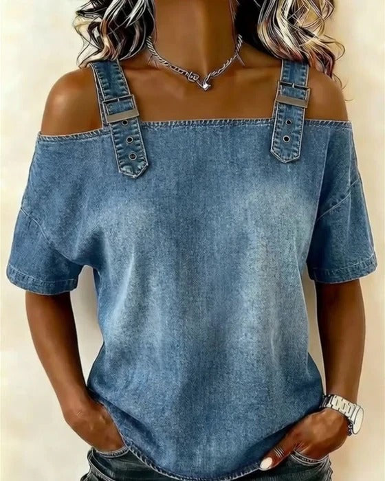 Blusa de denim con hombros al aire y tirantes