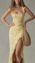 Vestido largo con estampado bohemio y mangas con volantes